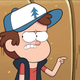 Dipper Pines points accusingly while looking away in consternation.